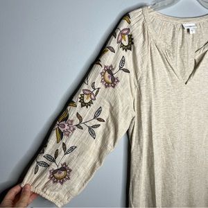 J Jill Tan Oatmeal Embroidered Floral Sleeve Mixed Media Top Shirt Tunic